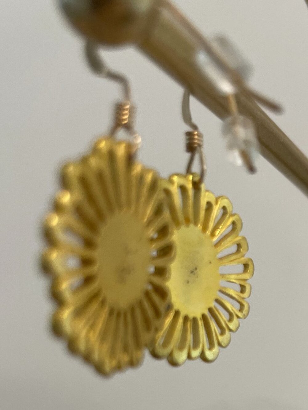 Gold Sunflower Dangle Earrings 14Kt gold Filled French Hook Statement Drop - Picture 8 of 8